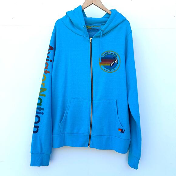 Aviator Nation Full Zip Hoodie Austin Texas Women’s Men’s XXL 2X Neon Blue - Picture 2 of 10